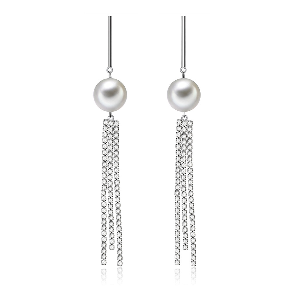 Cast Line CZ Tassel Pearl Drop Earrings